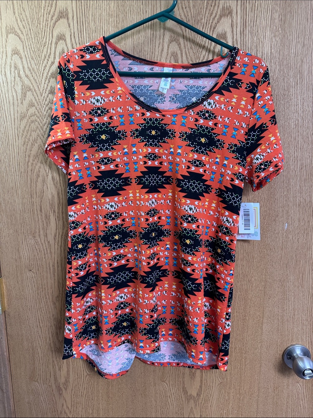 LuLaRoe Orange Aztec-Print Short Sleeve Scoop Neck Top